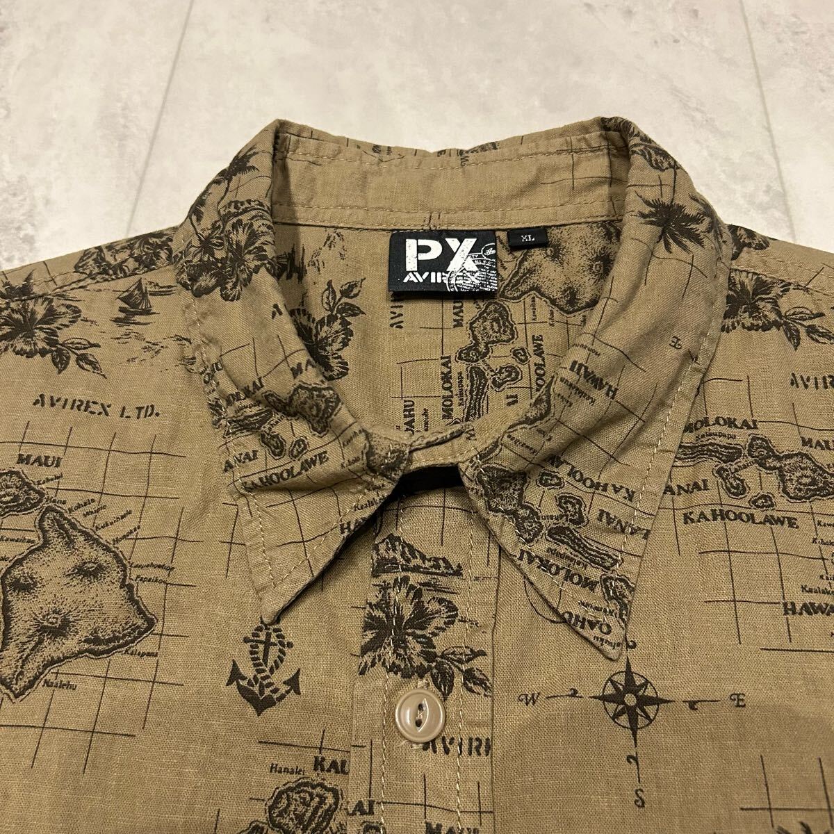 AVIREX アヴィレックス 総柄 柄シャツ HAWAII MAP ダブルポケット アロハシャツ 半袖シャツ 麻55% 綿45% sizeXL