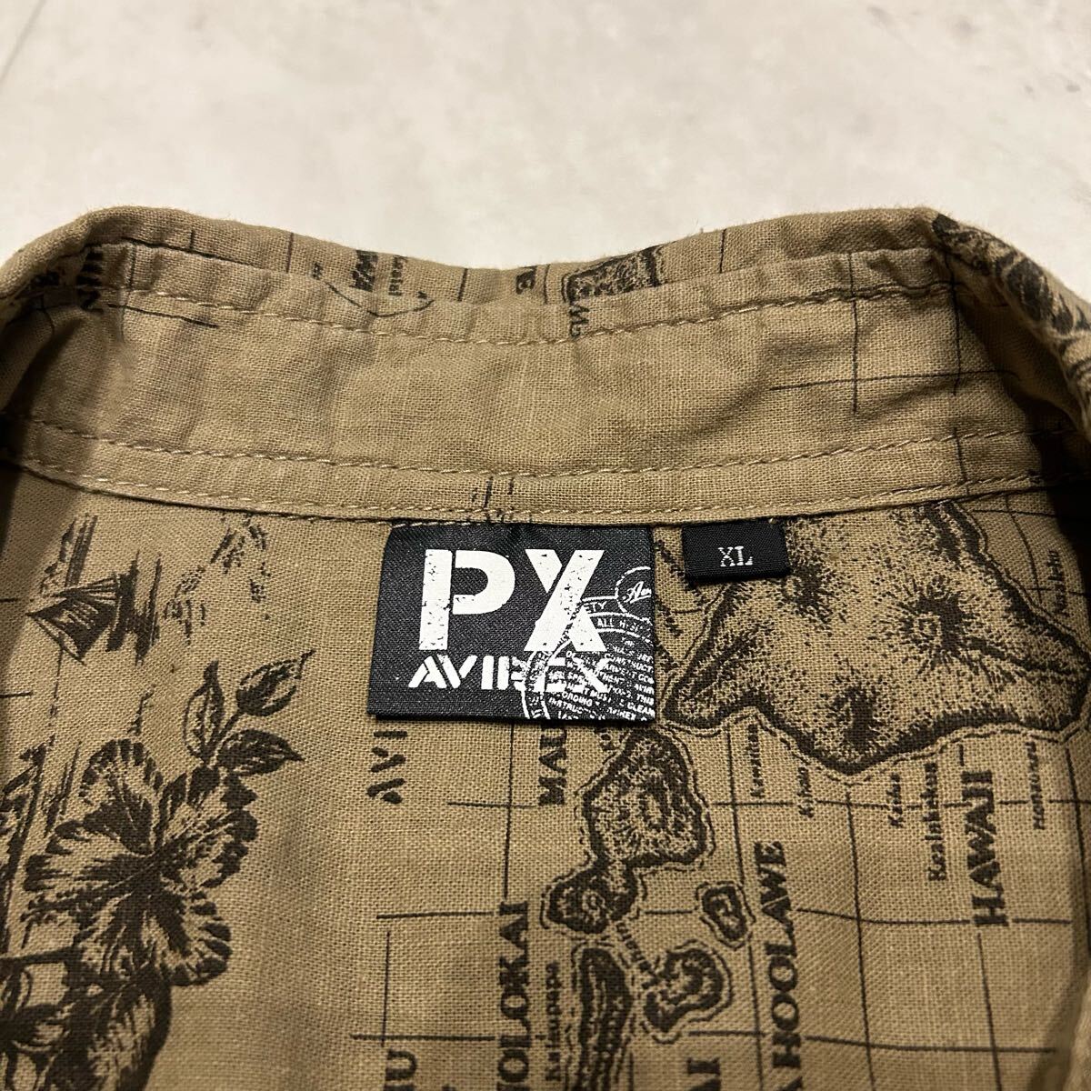AVIREX アヴィレックス 総柄 柄シャツ HAWAII MAP ダブルポケット アロハシャツ 半袖シャツ 麻55% 綿45% sizeXL