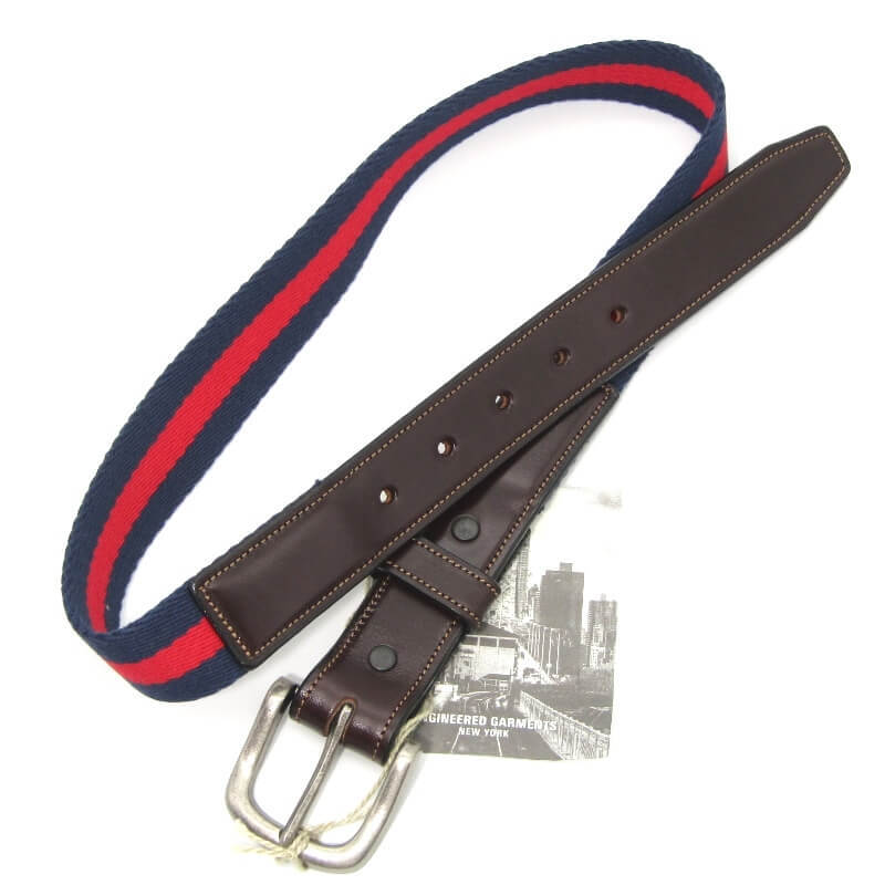 美品 ENGINEERED GARMENTS エンジニアドガーメンツ ベルト OT1100B Webbing Belt 3cm幅 牛革 USA制 ネイビー レッド 28009306