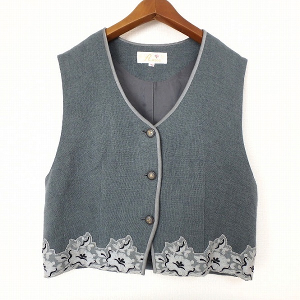 #anc インポートロッサ import Rossa ベスト・ジレ 44 グレー系 ウール シルク使い 刺繍 花柄 大きいサイズ レディース [932408]