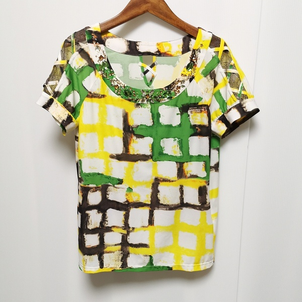 #snc GKITALIYA 伊太利屋 カットソー 半袖 ビジュー レース 11 白 黃色 緑 美品 レディース [925082]