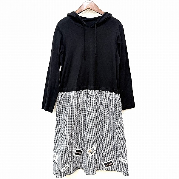 #anc ピンクハウス PINKHOUSE ワンピース 黒 白 ギンガムチェック 切替 異素材 フード レディース [921818]