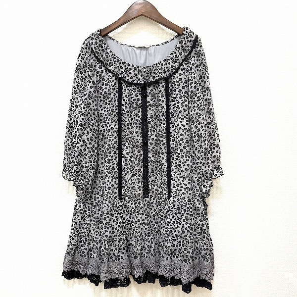 #anc ローズティアラ Rose Tiara チュニック 46 グレー 黒 ヒョウ柄 フリル レース 大きいサイズ レディース [935301]