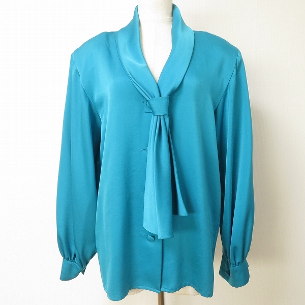 #anc イヴサンローラン Yves Saint Laurent chemisiers シャツ ブラウス M 水色系 光沢 ボウタイ ヴィンテージ レディース [932866]