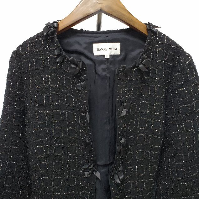 #anc ハナエモリ HANAEMORI ジャケット 40 黒 ノーカラー リボン ラメ レディース [933666]_画像3
