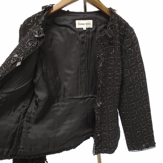 #anc ハナエモリ HANAEMORI ジャケット 40 黒 ノーカラー リボン ラメ レディース [933666]_画像4