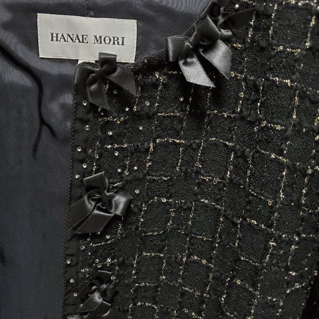 #anc ハナエモリ HANAEMORI ジャケット 40 黒 ノーカラー リボン ラメ レディース [933666]_画像5