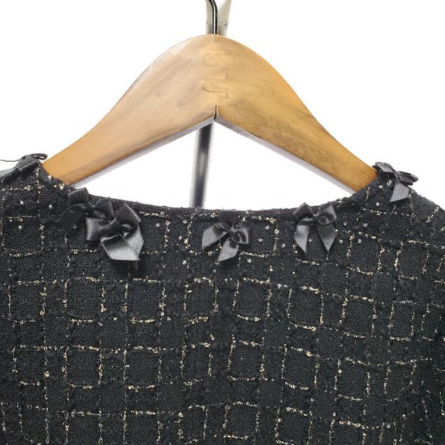 #anc ハナエモリ HANAEMORI ジャケット 40 黒 ノーカラー リボン ラメ レディース [933666]_画像6