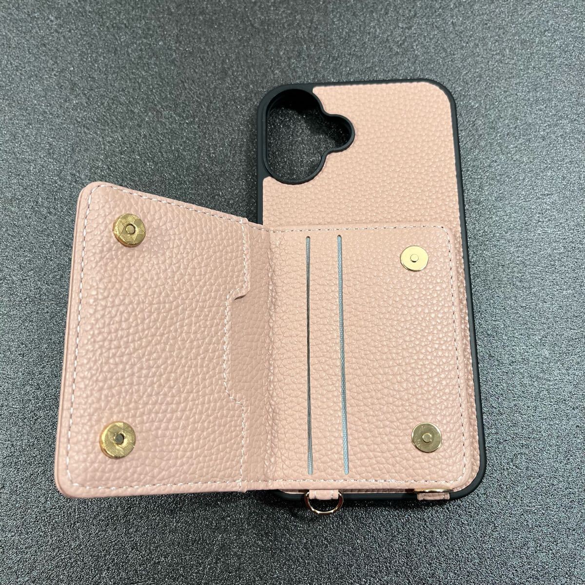 iPhone 16 PLUS ケース ショルダー 背面 財布型 カード収納 リング付き 首掛け 肩掛け ショルダー ストラップ付き PUレザー コーラルピンク_画像9