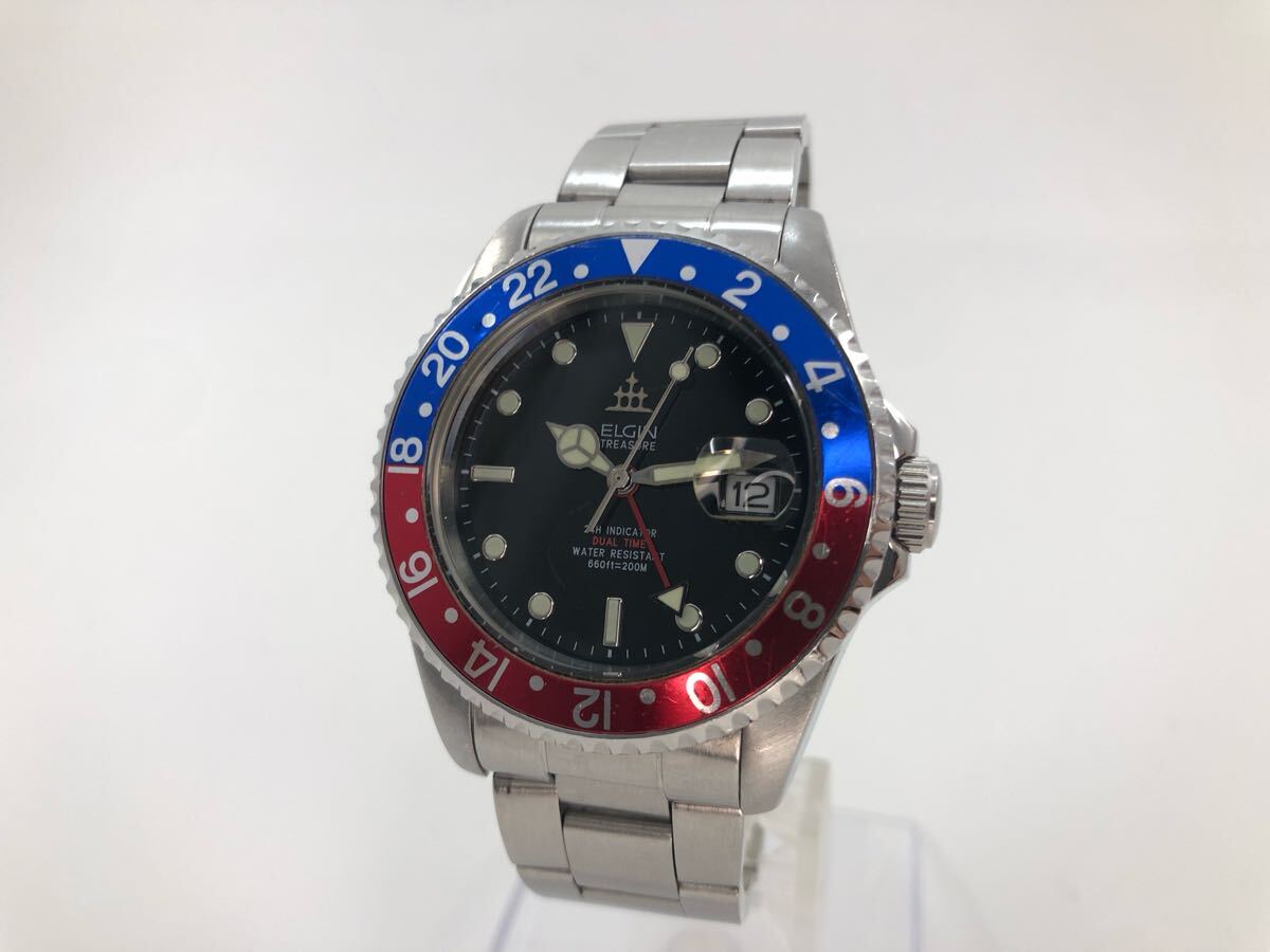 エルジン・トレジャー・GMT風ウォッチ・デイト・赤青(ペプシカラー)ベゼル[ELGIN QUARTZ]クォーツ式メンズ腕時計
