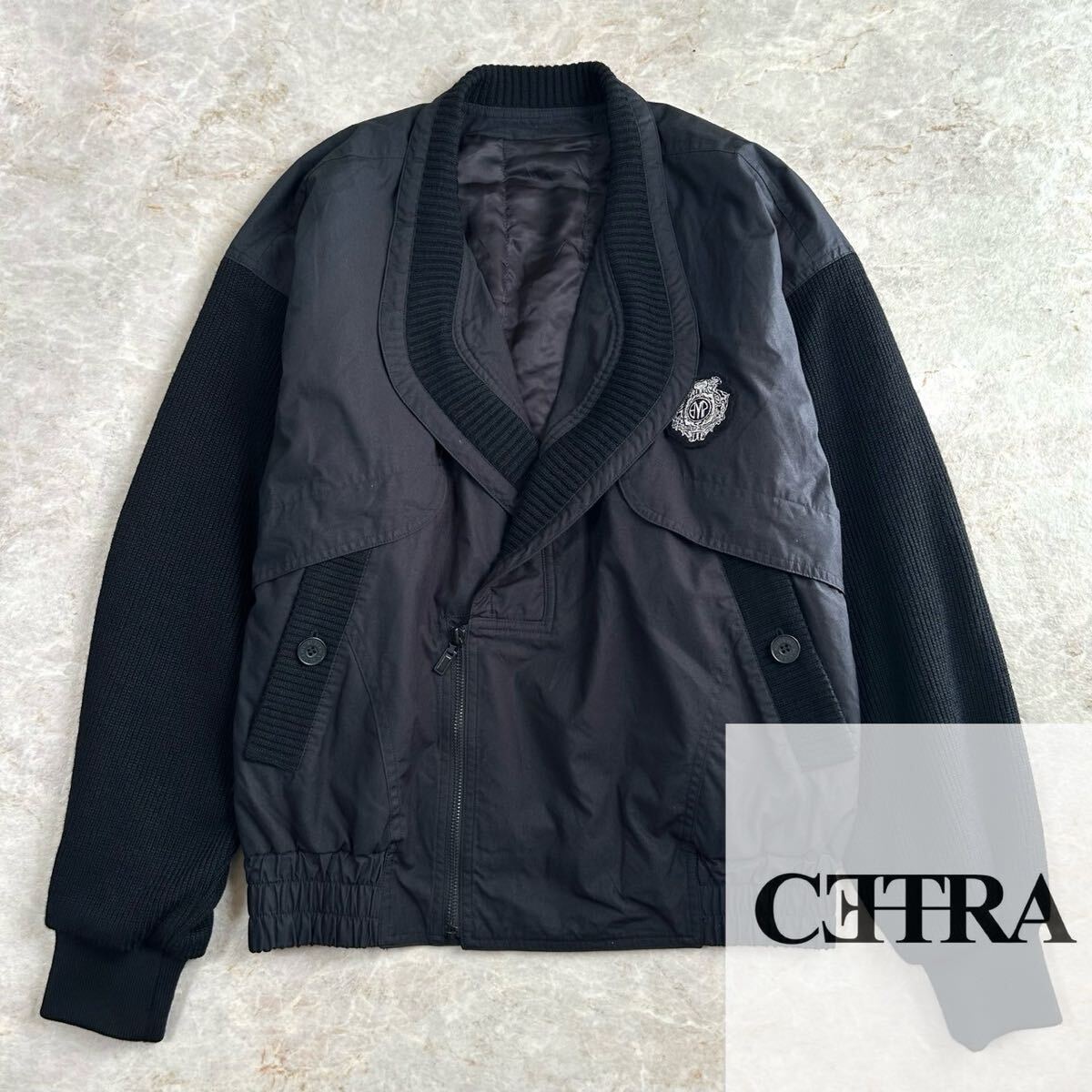 ヴィンテージ vintage ブラック 黒 刺繍 ショールカラー 短丈 ブルゾン ジャケット 異素材 切り替え デザイン jacket アウター M