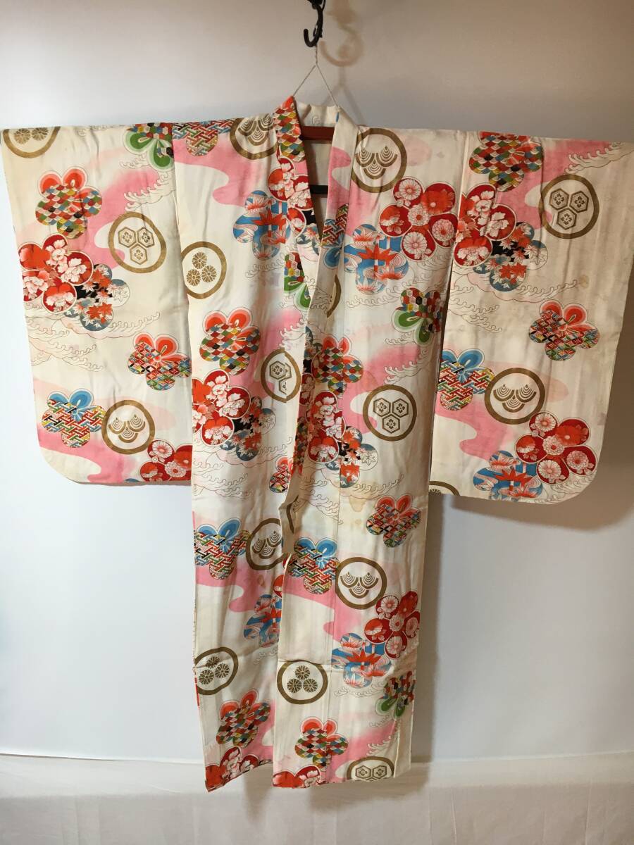 1000円スタート 著物　女の子用　アンティーク　汚れあり　子供用　和柄　女児和裝　和服　リメイク材料　生地　古布　中古品　