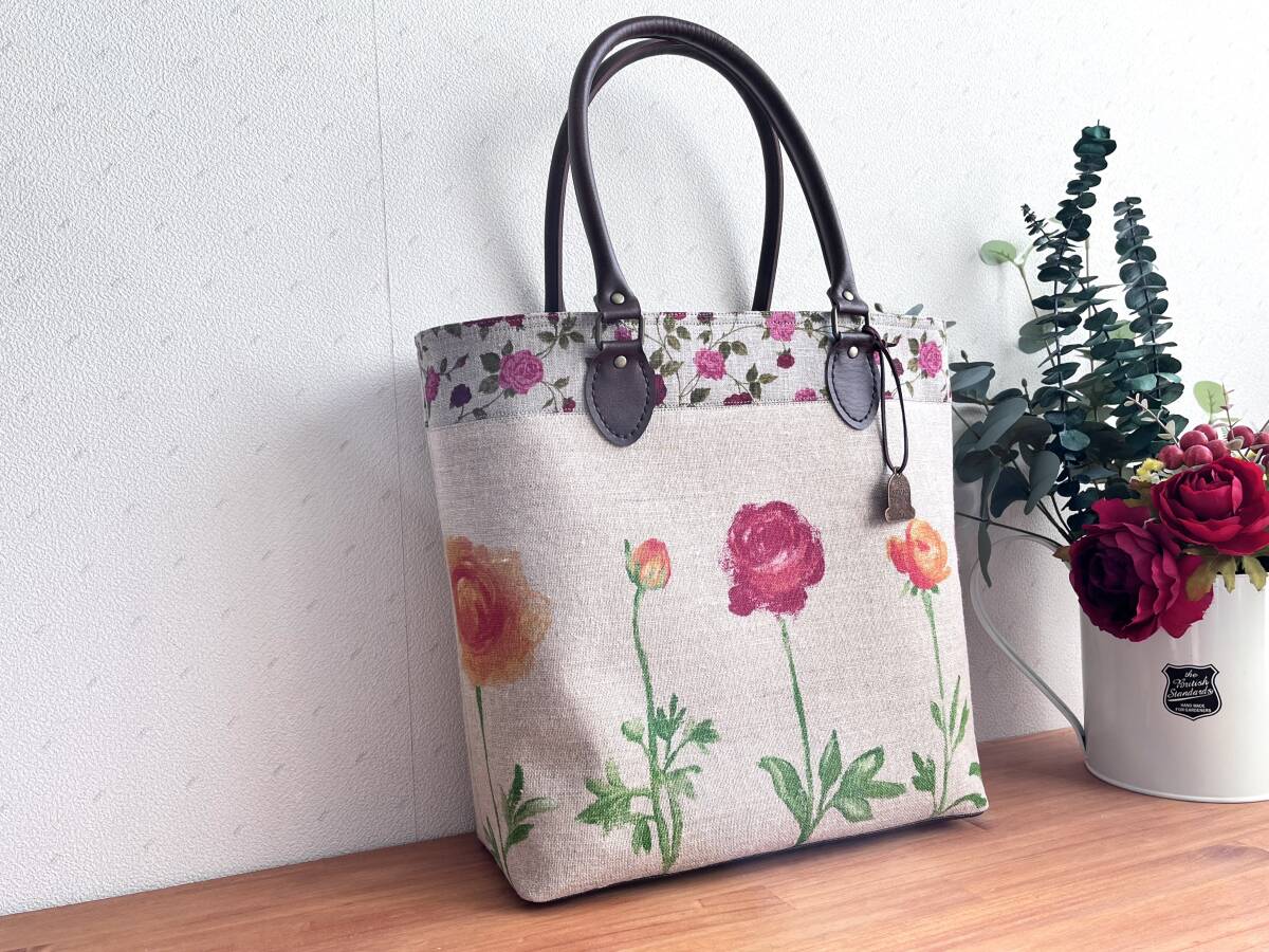 ハンドハンドメイド＋フランスリネン＋BOUTON D'OR TARENTE & RITA＋華やか ＋オレンジ ＋大きめ ＋バッグ＋トートバッグ