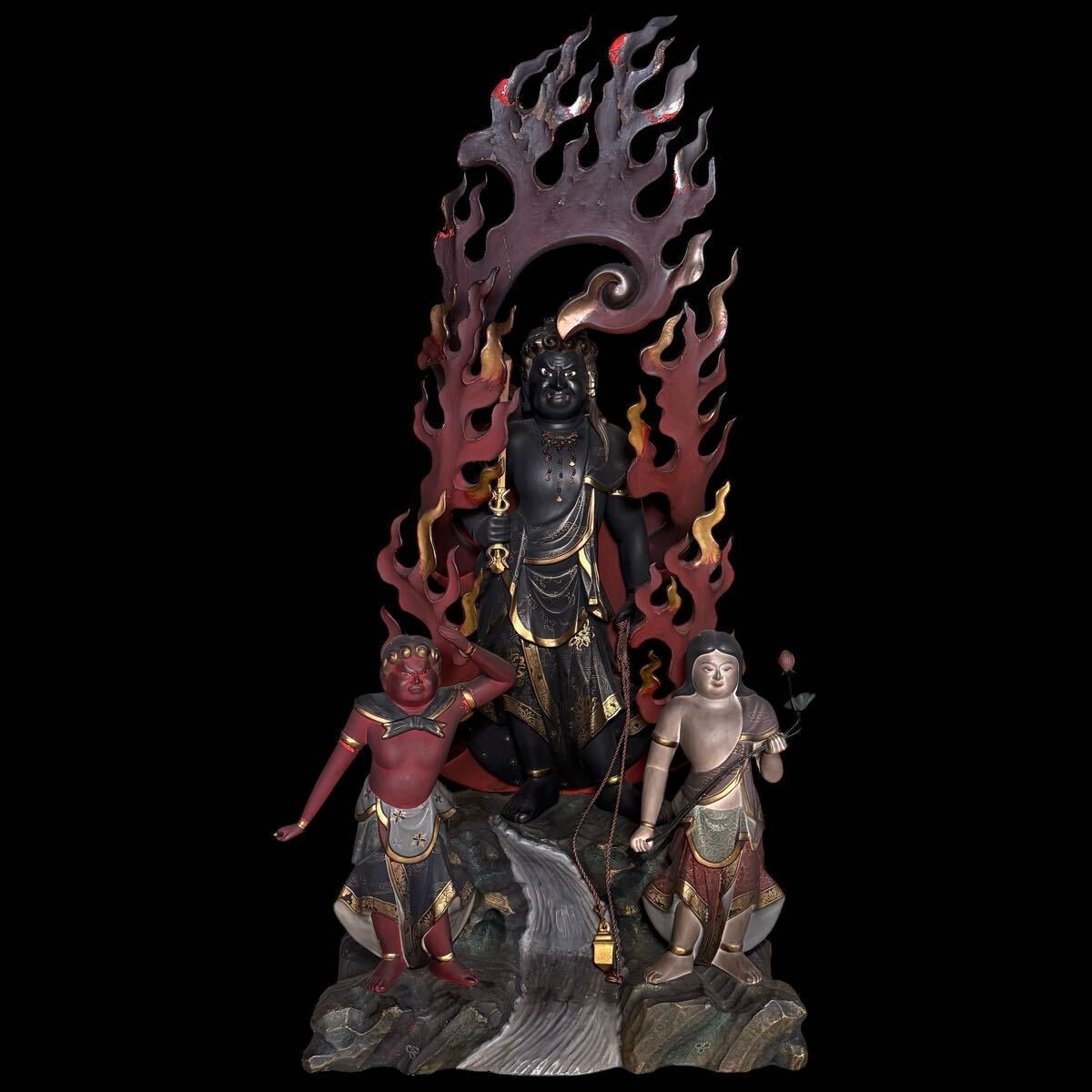 時代 仏教美術 不動明王二童子立像 高105.6cm 木彫 玉眼 彩色 時代 仏教美術 不動明王二童子立像 高105.6cm 木彫 玉眼 彩色