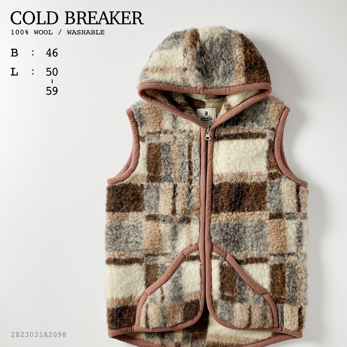 COLD BREAKER　ウール100% 総 柄 ウォッシャブル フード付き ボア ベスト 厚手 ジップ パーカー ベージュ コールドブレーカー レディース M