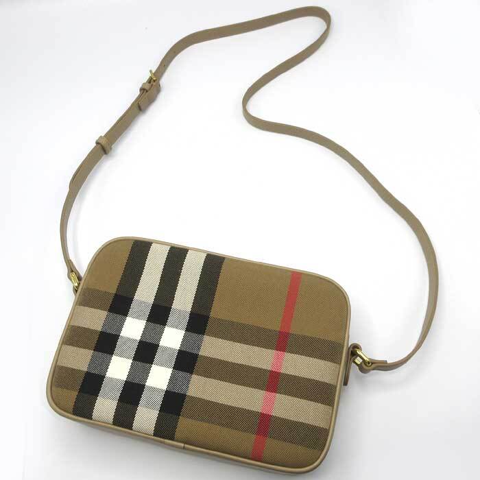 バーバリー ショルダーバッグ BURBERRY LONDON コットン レザー チェック柄 斜め掛け 8084499 CHESTNUT BEIGE アウトレット レディース_画像9