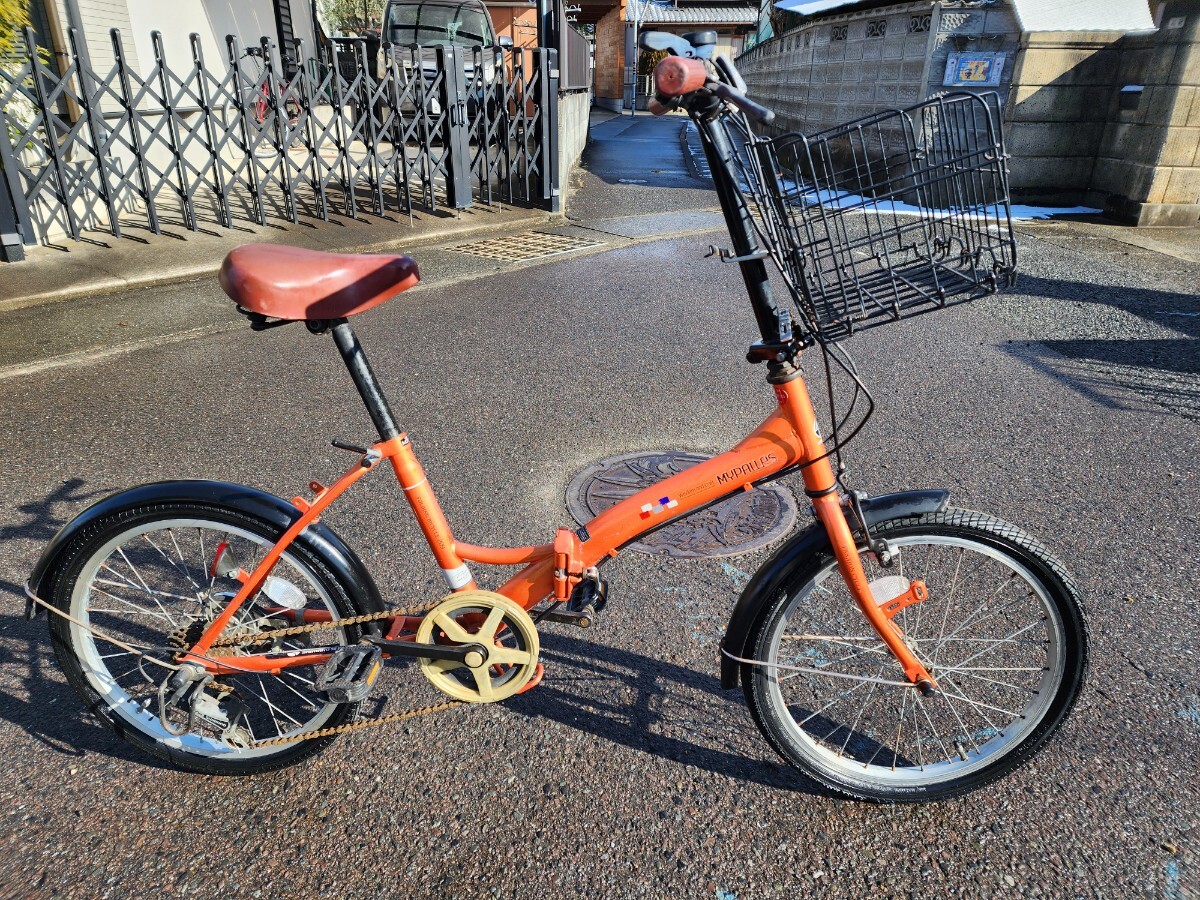 カゴ付き】20インチ折りたたみ自転車 6段変速 オレンジ