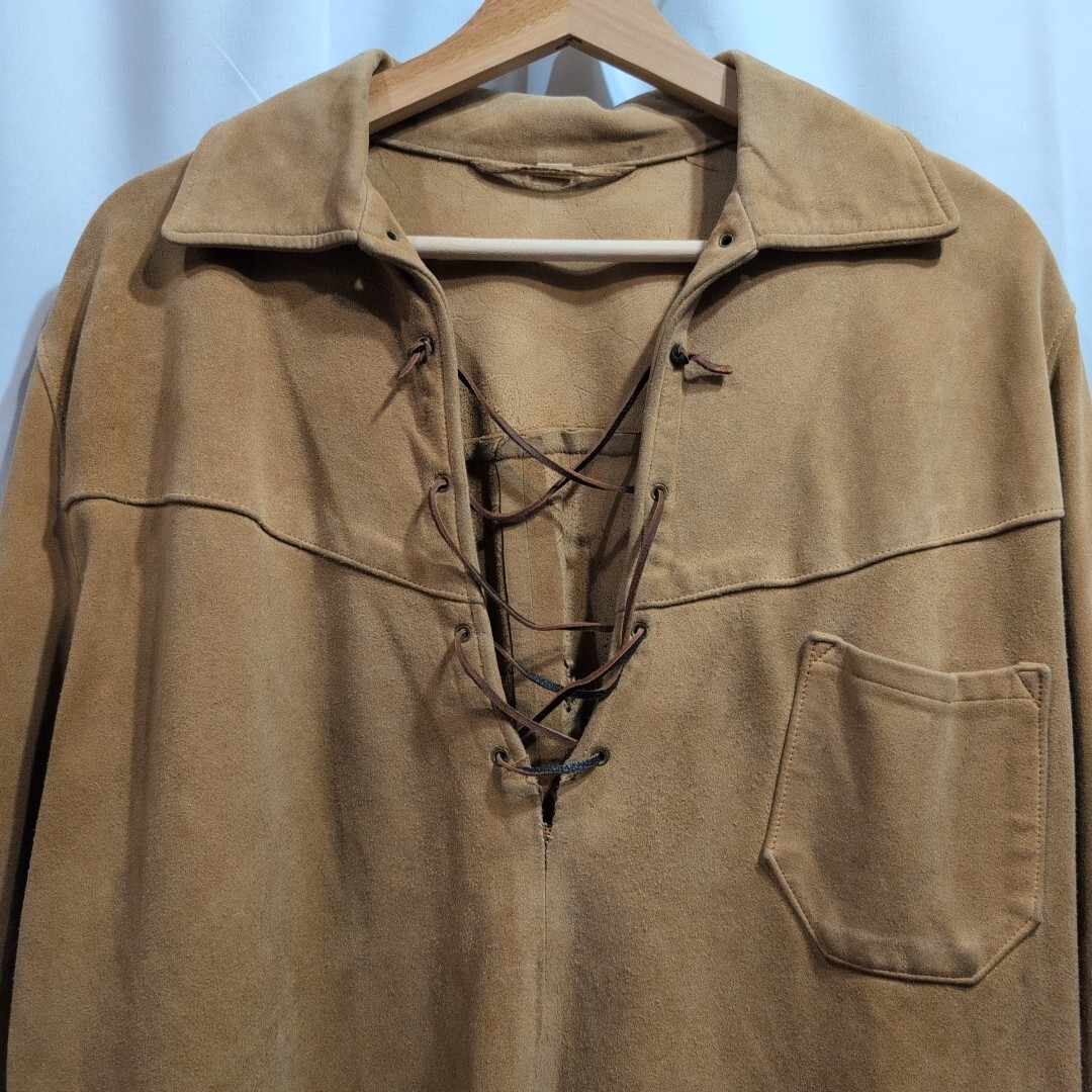 50s 60s Vintage CONMATIC zipper スエードレザー シャツ 16 メンズ L相當(dāng) スウェード 長袖 本革 レースアップ ビンテージ ジャケット