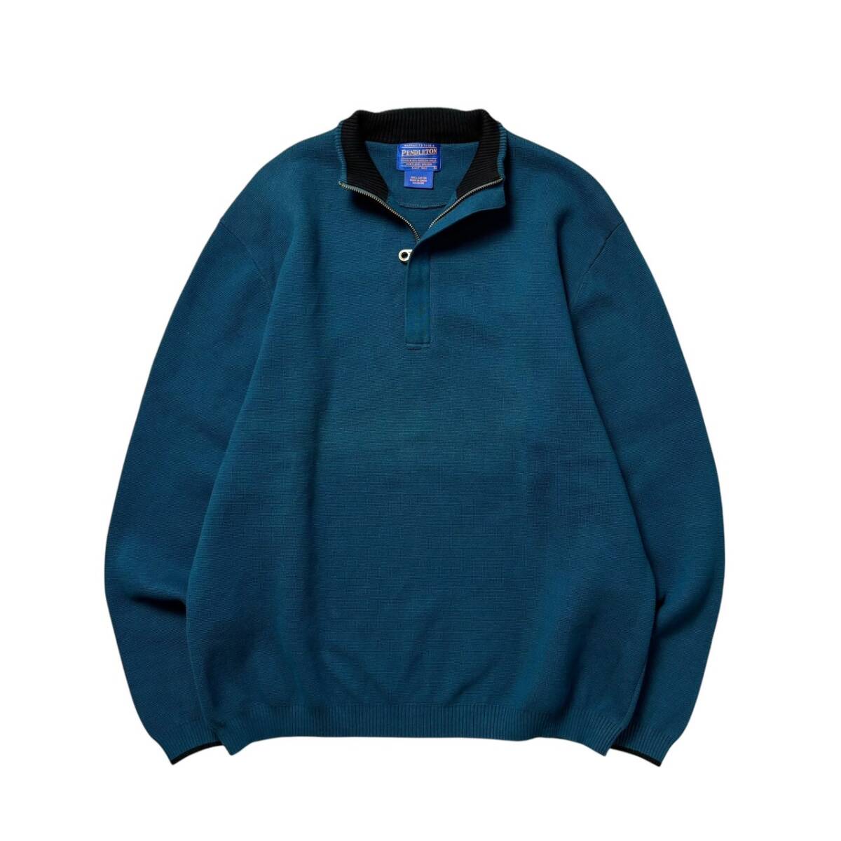 Lサイズ 古着 PENDLETON ペンドルトン コットン スウェット ニット トレーナー ハーフジップ 無地 シンプル 青緑 ブルー