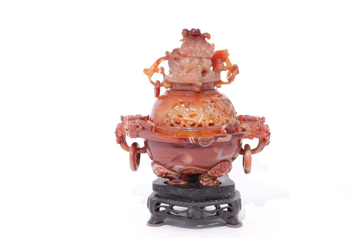 砡 赤瑪瑙 龍 浮彫 香炉 台座付 / 中国美術 東洋彫刻 瑪瑙 砡 赤瑪瑙 龍 浮彫 香炉 台座付 / 中国美術 東洋彫刻 瑪瑙
