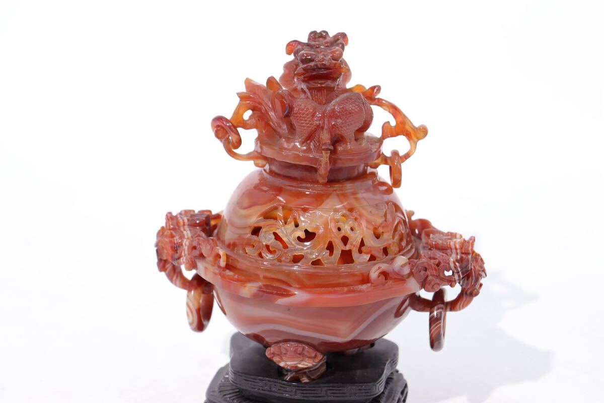 砡 赤瑪瑙 龍 浮彫 香炉 台座付 / 中国美術 東洋彫刻 瑪瑙 砡 赤瑪瑙 龍 浮彫 香炉 台座付 / 中国美術 東洋彫刻 瑪瑙