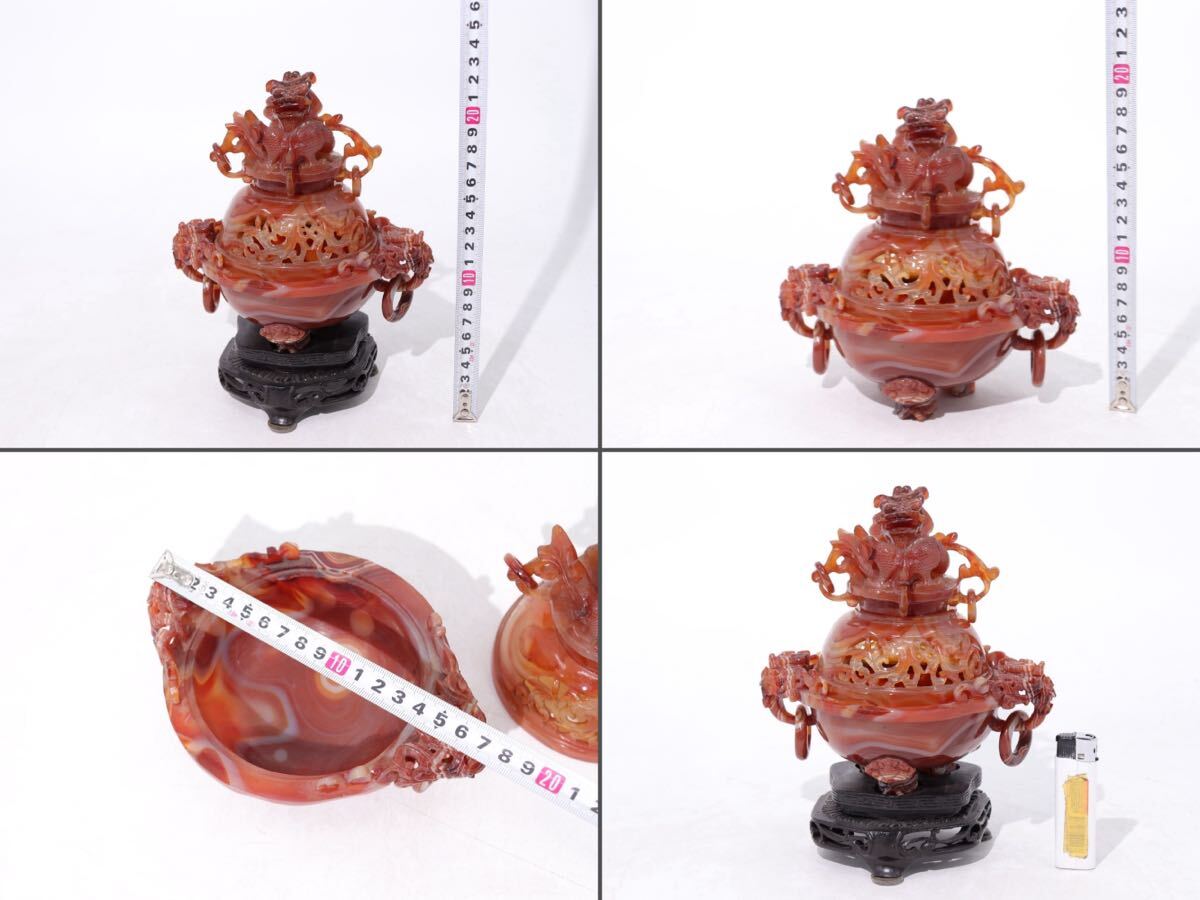 砡 赤瑪瑙 龍 浮彫 香炉 台座付 / 中国美術 東洋彫刻 瑪瑙 砡 赤瑪瑙 龍 浮彫 香炉 台座付 / 中国美術 東洋彫刻 瑪瑙