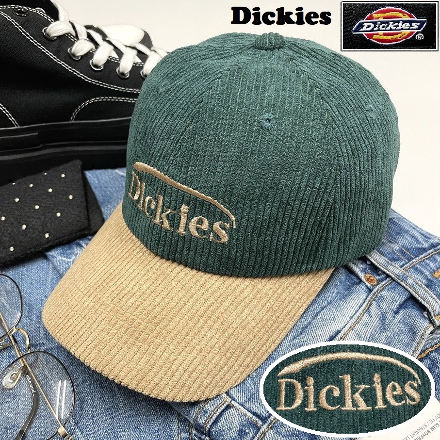 Dickies グリーン×ベージュ コーデュロイキャップ スポーツ ゴルフ キャンプバイク野球帽子 刺繍 ブラックタグ アクセサリー ディッキーズ