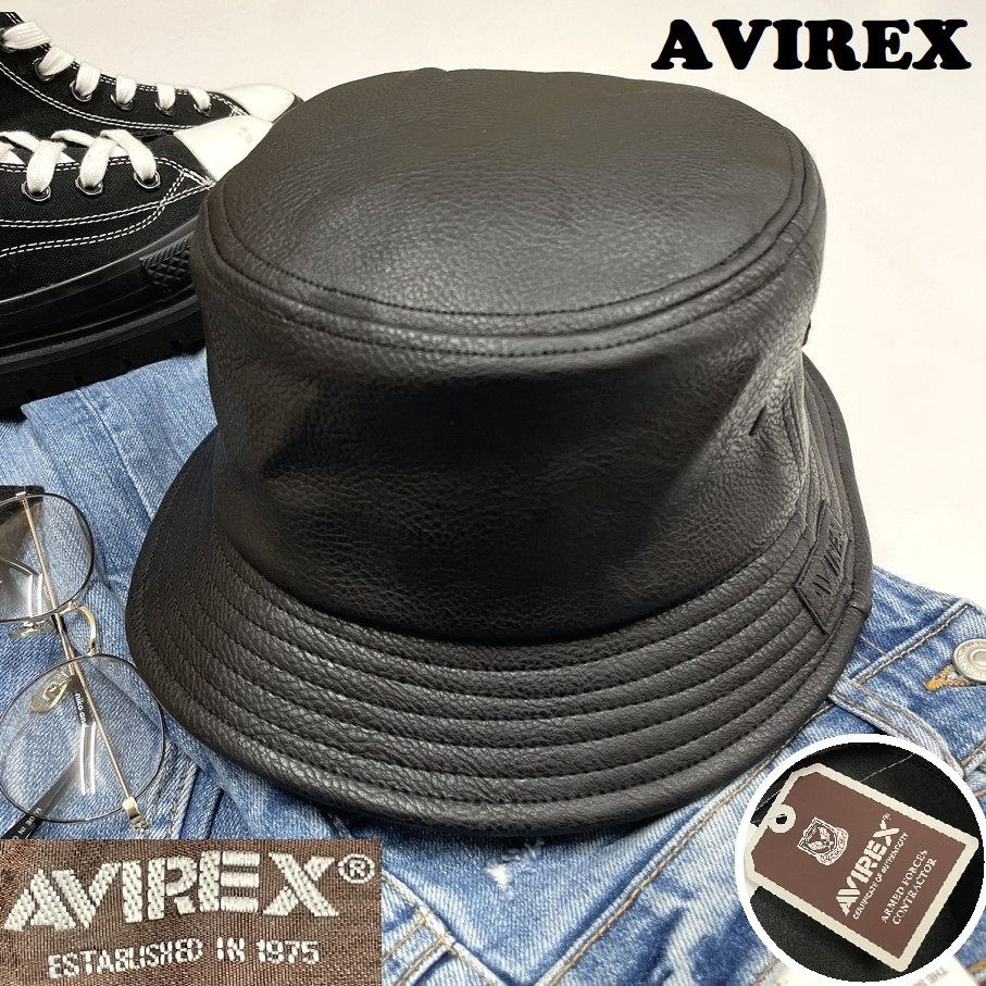 AVIREX ブラック バケットハット フェイクレザー ミリタリーアウトドアキャンプバイクスポーツゴルフ帽子タグ アビレックス アヴィレックス