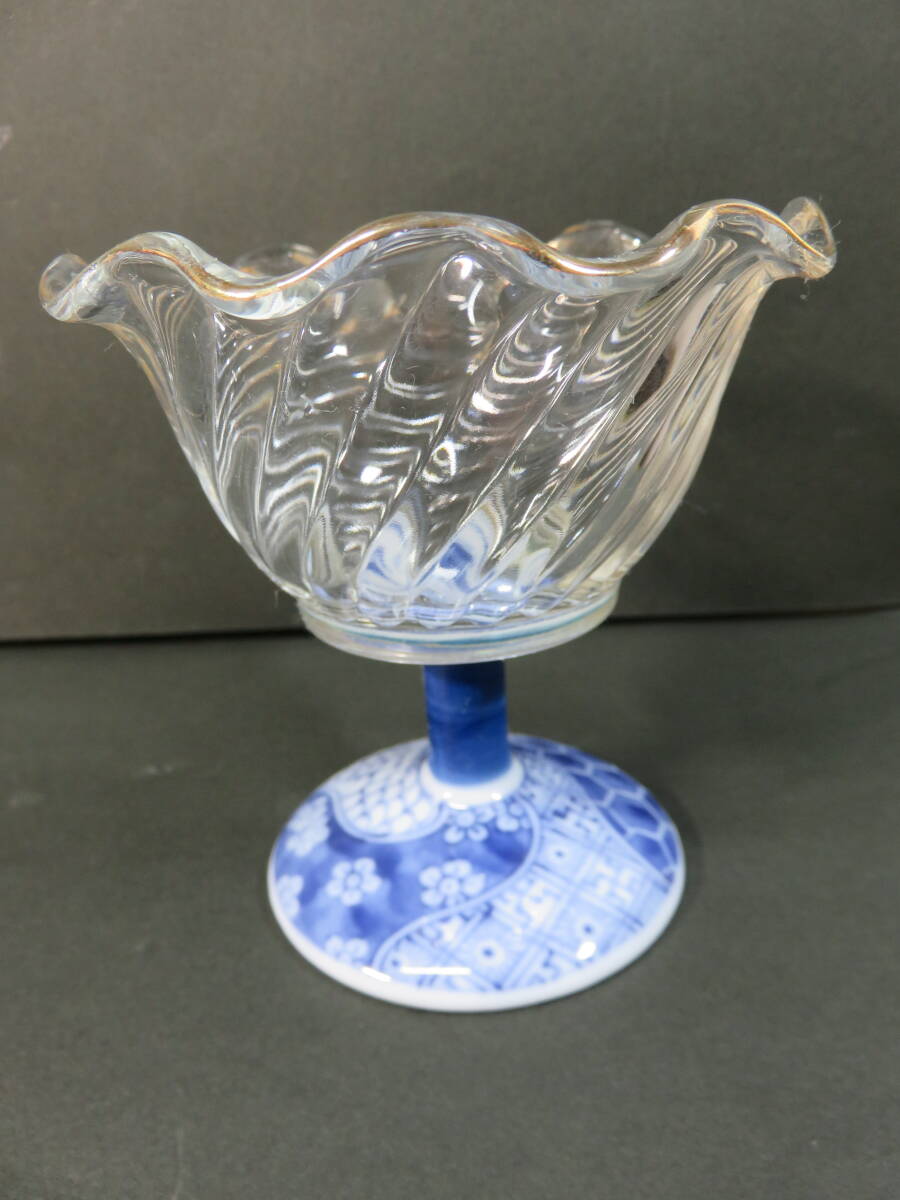 美濃焼 三洋陶器 龍峰窯 染付捻祥瑞 ガラスデザート鉢揃 高台小鉢 5個セット 美濃焼 □三洋陶器 龍峰窯 「染付捻祥瑞ガラス デザート鉢揃 5客