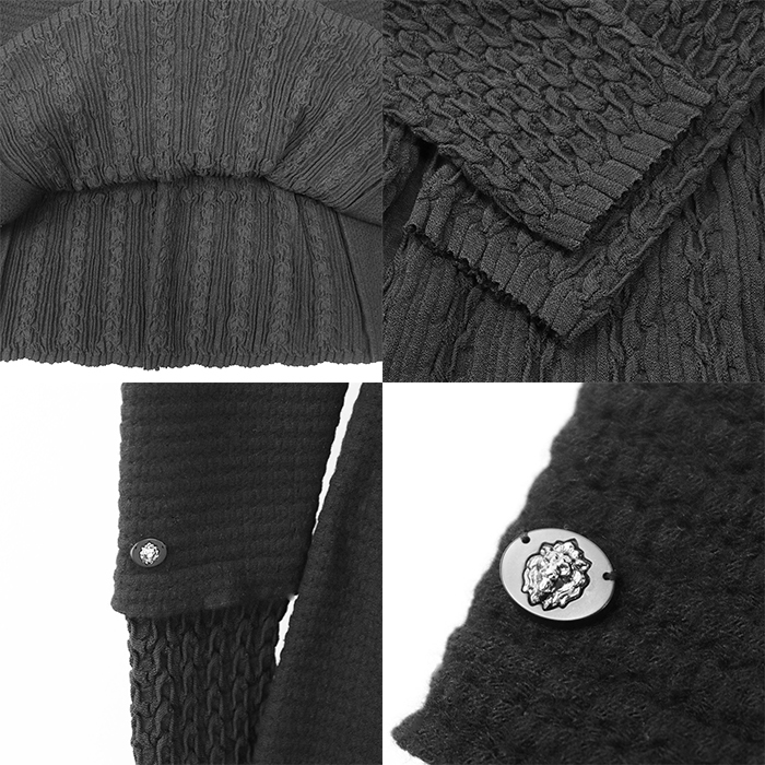 【美品】CHANEL シャネル ワンピース ニット P50101 レイヤードスリーブ ライオンチャーム フレア ベルト付屬 レディース 38 黒 仏制