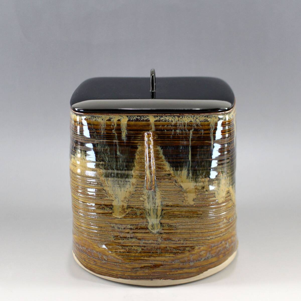 亀井楽山】 高取 四方 管耳水指 共箱 茶道具