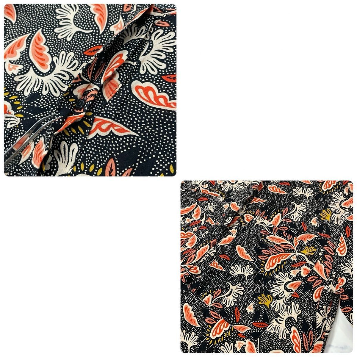H&M エイチアンドエム パターン柄 リーフ柄 フライフロン ポケット クルーネック 七分袖 ひざ丈 ワンピース ブラック オレンジ ベージュ 10