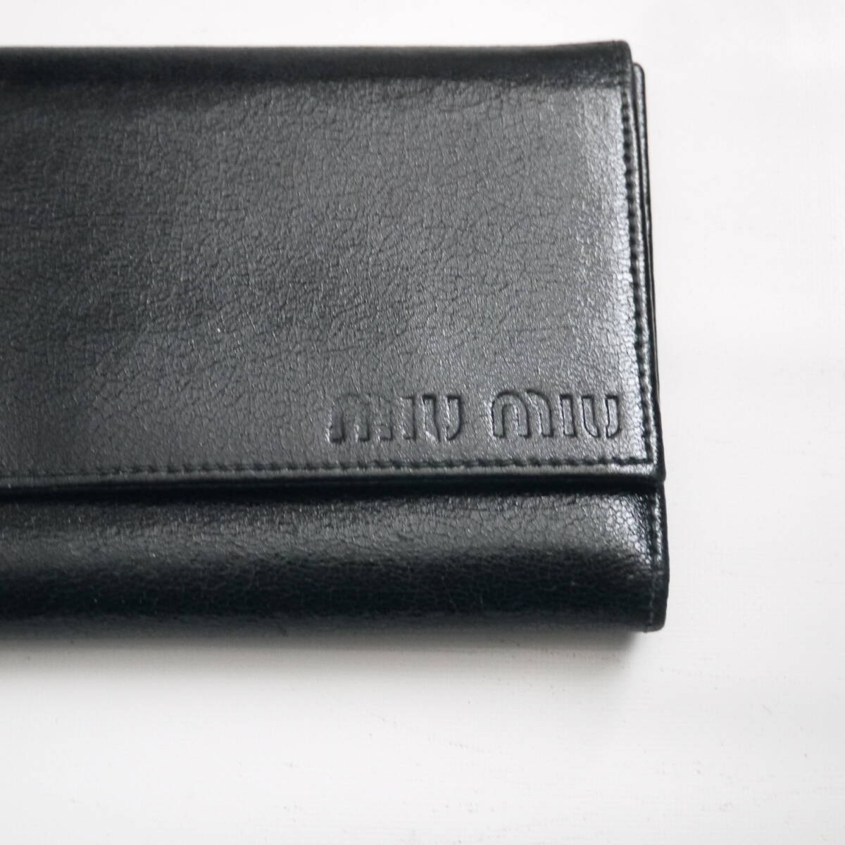 $ 美品 $ 激レア！■ ミュウミュウ ■ miumiu ■ ロゴ入り 本革 レザー製・ ３つ折り 財布 ■ 黒 ブラック■レトロ ヴィンテージ■送料無料
