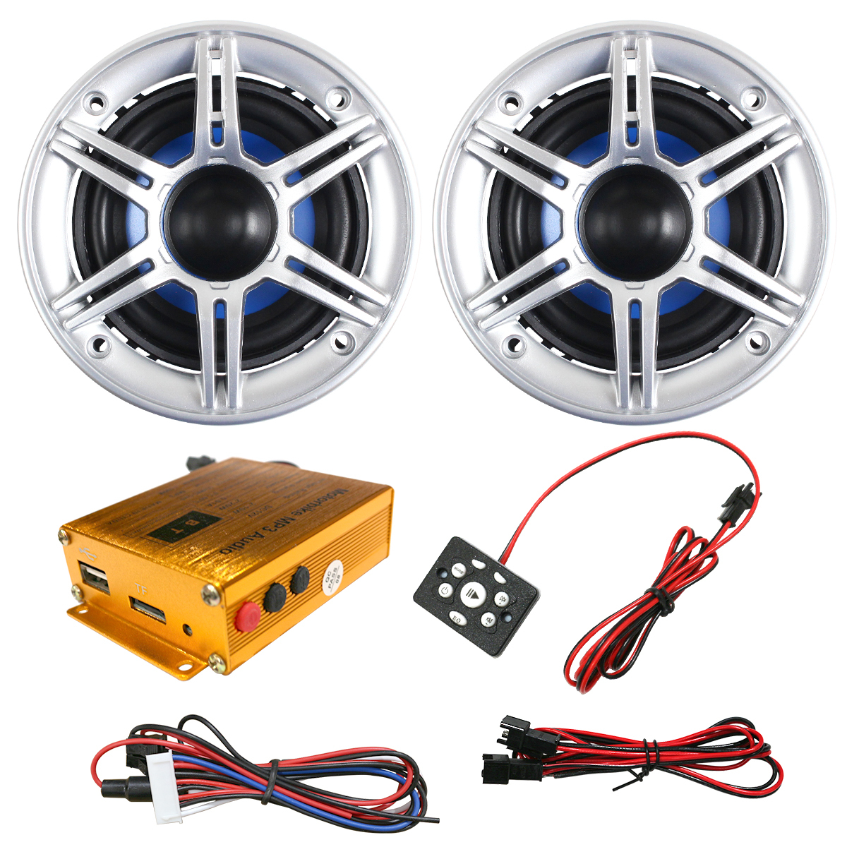 バイク用 2個セット 12V スピーカー アンプ オーディオ リモコン 88dB/W ブルー 青 防水
