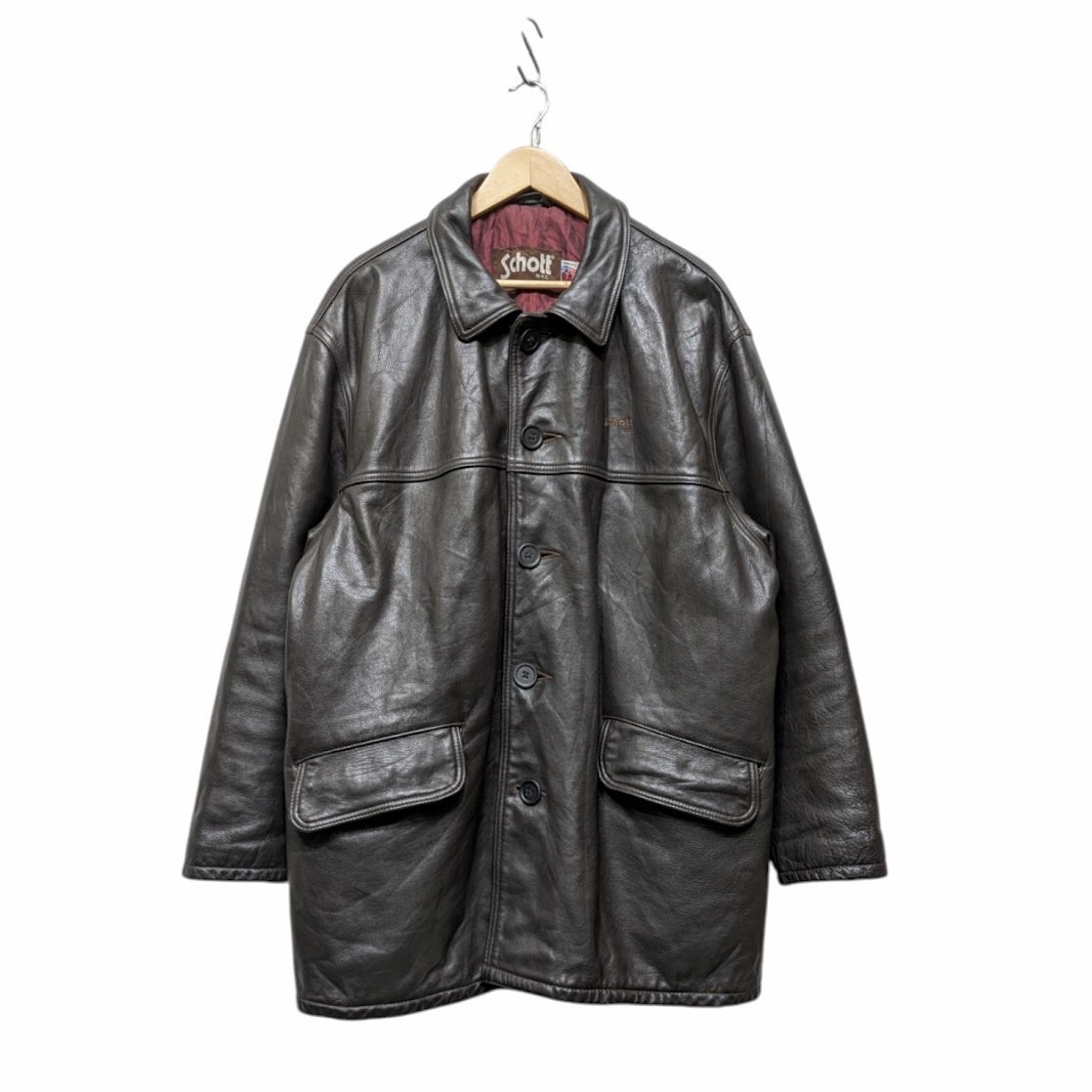 Schott ショット レザージャケット カーコート USA制 90s 523J サイズ48? 本革 里地キルティング ブラック 茶芯 茶タグ ボタン替えあり