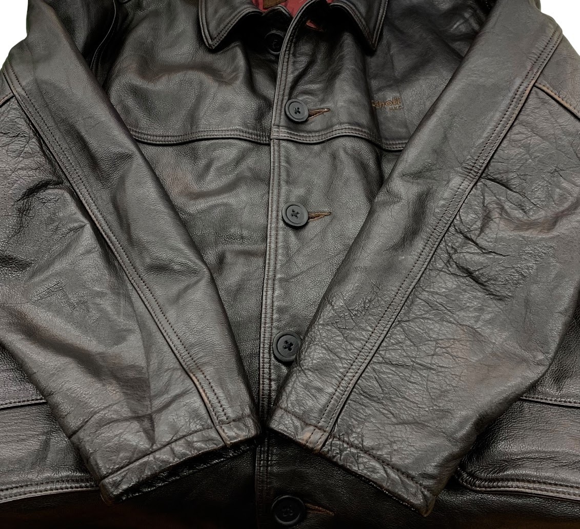 Schott ショット レザージャケット カーコート USA制 90s 523J サイズ48? 本革 里地キルティング ブラック 茶芯 茶タグ ボタン替えあり