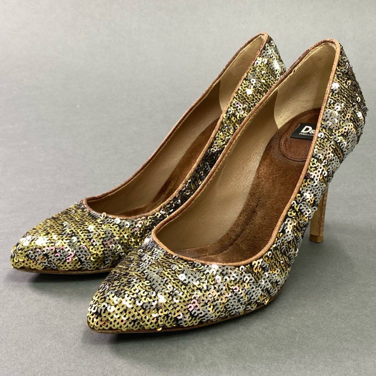 3k29 DOLCE＆GABBANA ドルチェアンドガッパーナ イタリア制 スパンコール ヒールパンプス ハイヒール ポインテッドトゥ 37 ゴールド