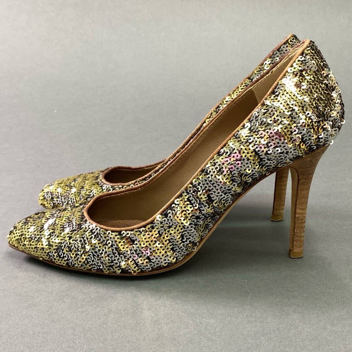3k29 DOLCE＆GABBANA ドルチェアンドガッパーナ イタリア制 スパンコール ヒールパンプス ハイヒール ポインテッドトゥ 37 ゴールド