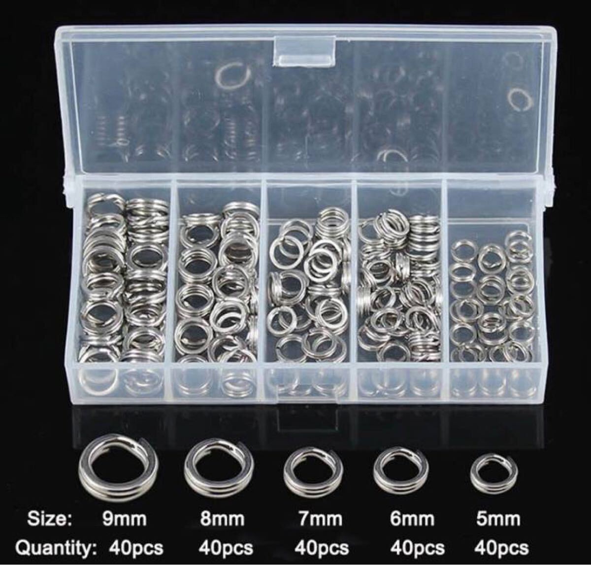 スプリットリング 平打ち 高炭素鋼 5サイズ 200個セット(各サイズ40個)専用ケース付 送料無料_画像3