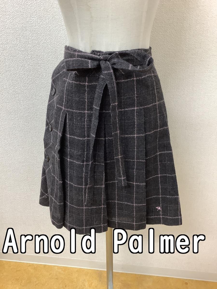 アーノルドパーマー (Arnold Palmer) 茶×黒×ピンクチェック ラップスカート ウール ラメ入り サイズ1
