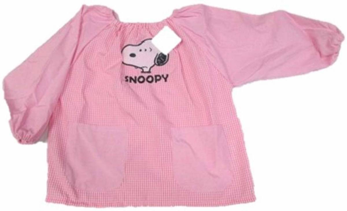 海外限定 新品 春のコレクション スヌーピー スモック サイズ100 ピンク 一人で着れる ワッペン刺繍付き 女の子 ポケット付き 可愛い