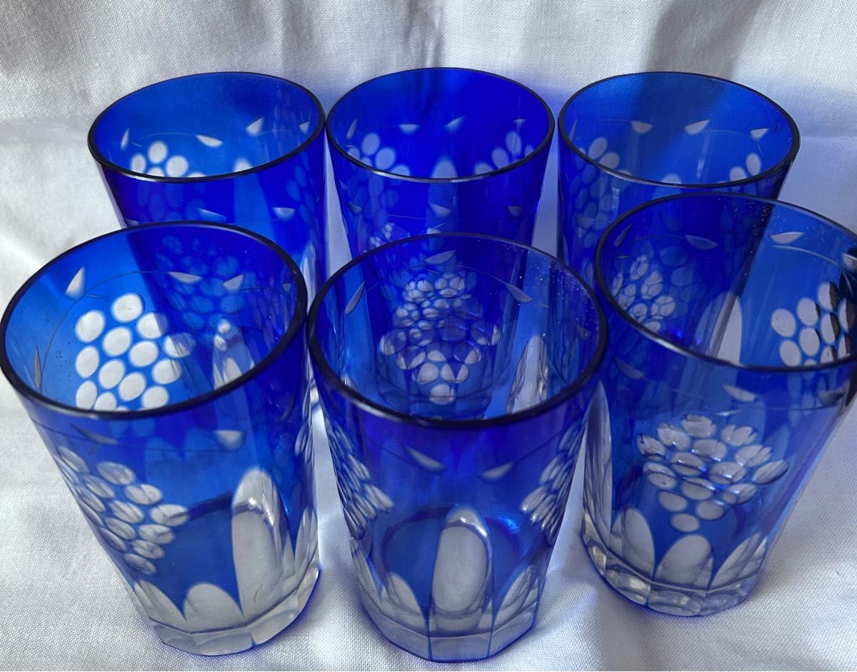 水玉 切子 グラス 青 10客 セット 昭和 レトロ G0025|工芸品 水玉 切子 グラス 青 10客 セット 昭和 レトロ G0025|工芸品