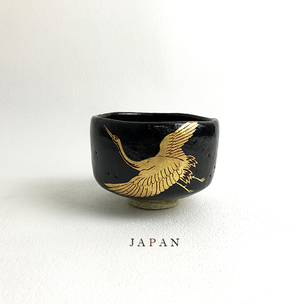 希少 美品 樂吉左衛門 六代 樂 左入 黒 茶碗 鶴 金彩 樂家 樂印 骨董