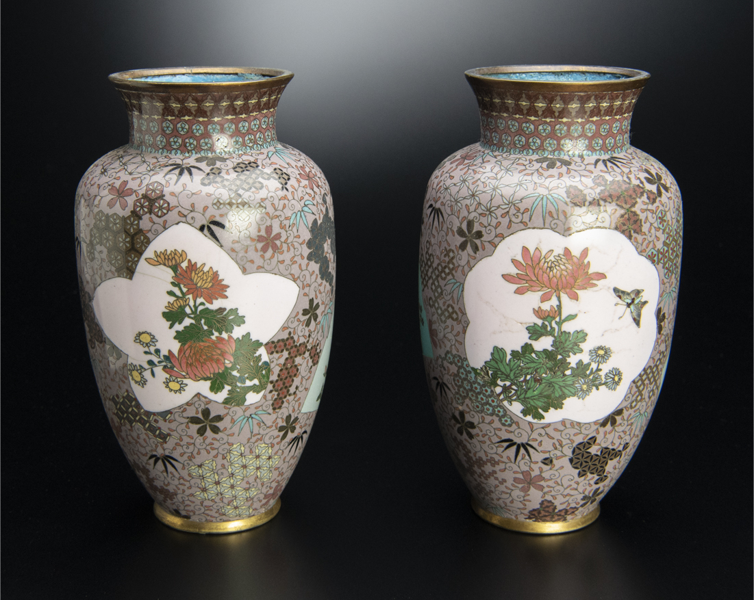 明治時代 七宝花瓶 一対　珐琅 古美術