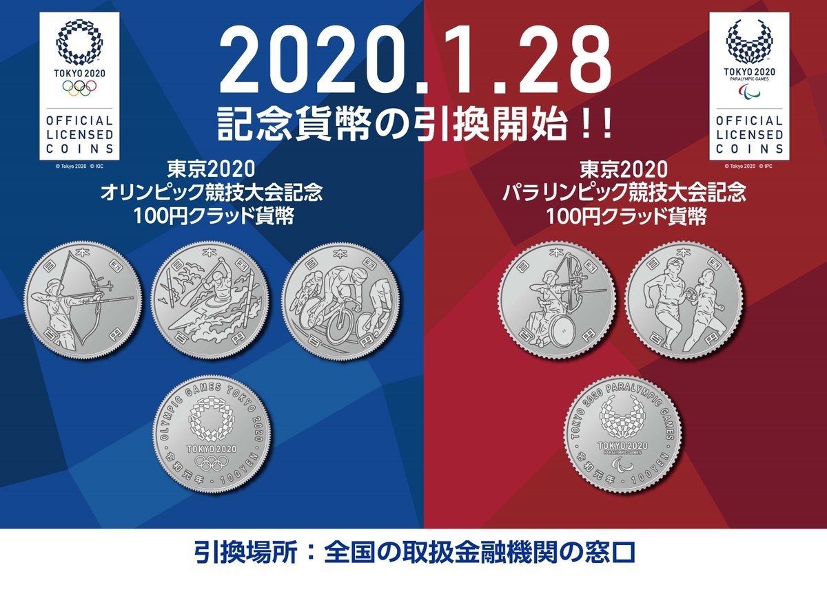 第三次発行 2020年東京オリンピック・パラリンピック記念硬貨 100円硬貨 枚組 百円クラッド貨幣 5種類 棒金ロールで合計250枚
