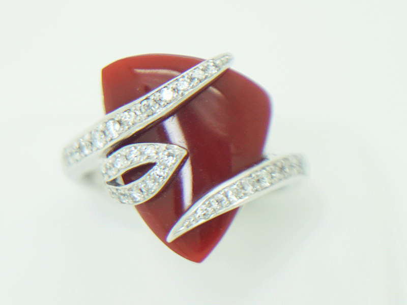 K18WG サンゴ 珊瑚 血赤 ダイヤモンド リング D0.33ct 証明書付 #11.5号 指輪 送料無料！！