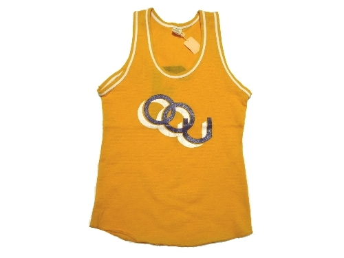 70*s Vintage Russell Athletic gold tag tank top USA made russell 100% nylon yellow color mesh S number ring both sides print 