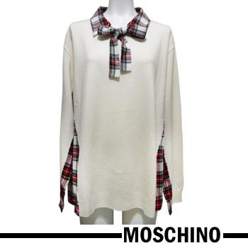 無料配達 新品モスキーノMOSCHINO異素材MIXボウタイセーター チェック