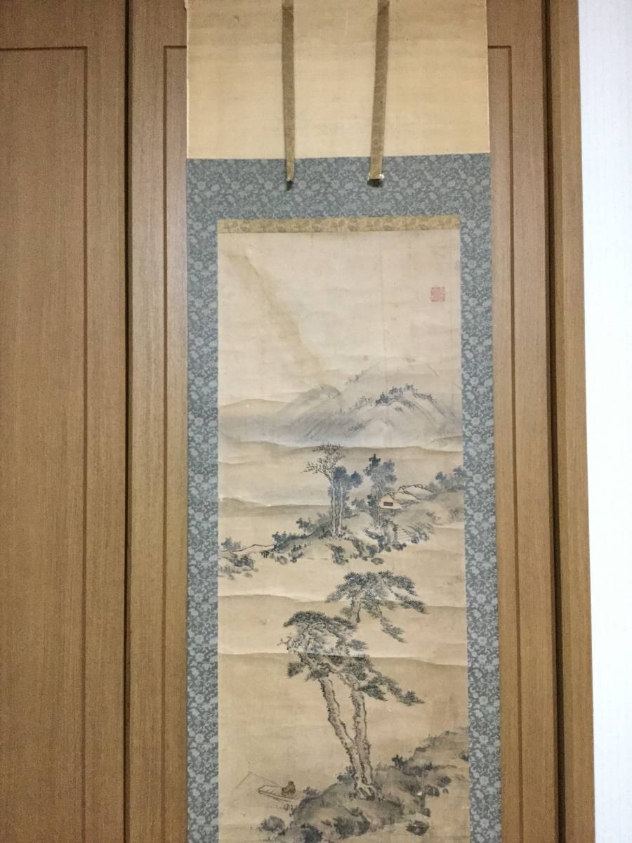 谷 文晁 紙本肉筆 淡彩山水水墨画 題目《 山景松之図 》 合箱 軸先木