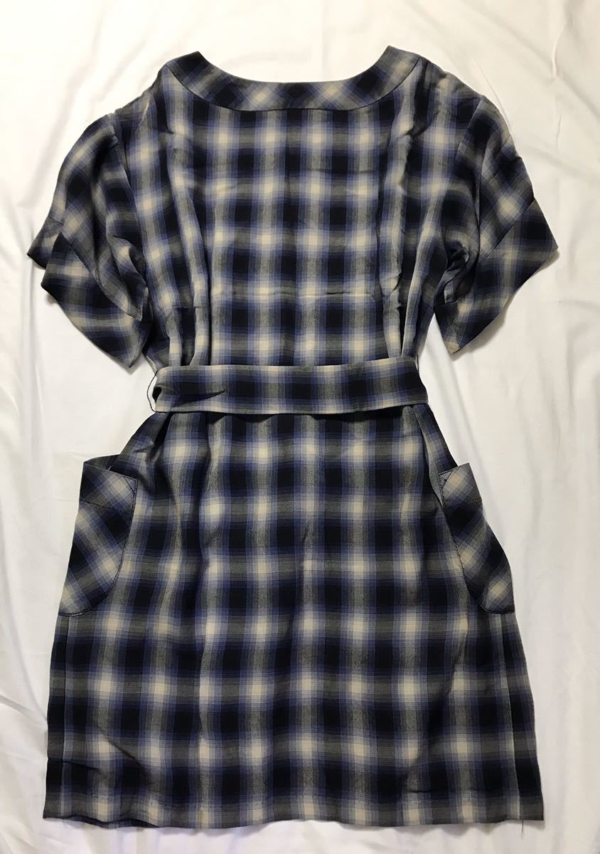 Untitled 4 short sleeves One-piece check black beige blue ribbon belt attaching 